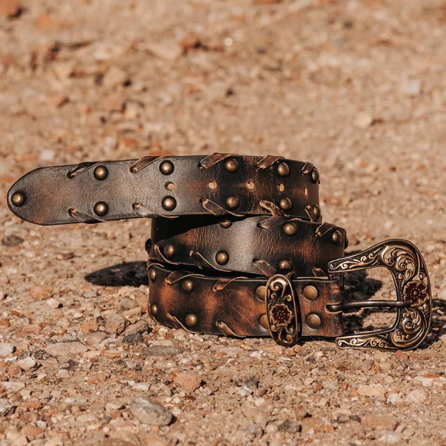 Freebird Stores Women's Black Whip Stitch Leather Belt - Stylish & Adjustable Waistband Accessory